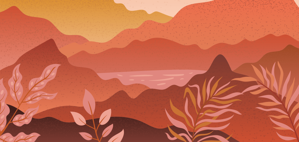 Illustration of a mountain landscape in ochre colours with plants in the foreground