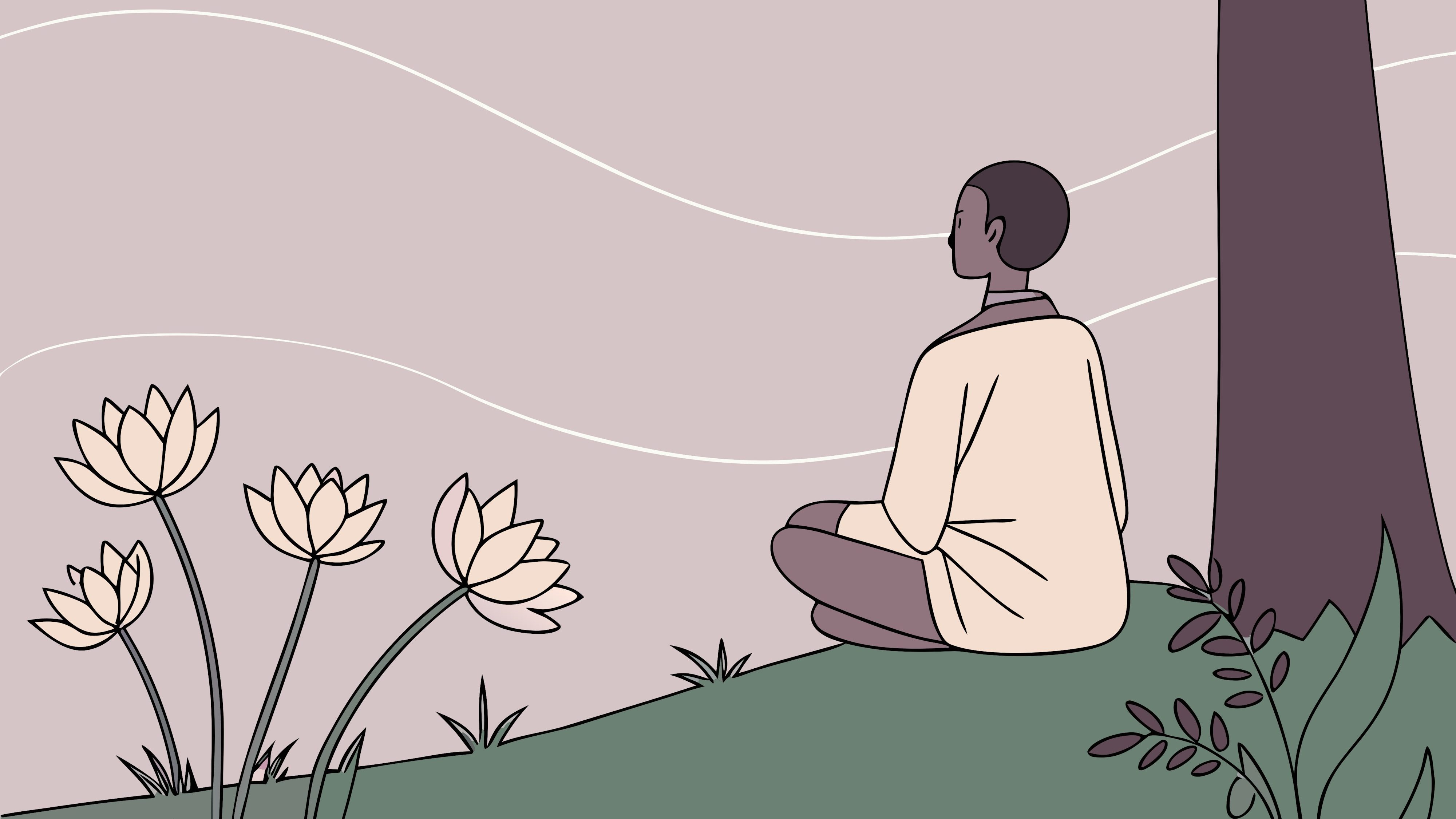 person sitting under a tree, meditating by lotus blossoms